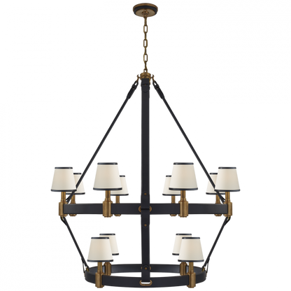 Ralph Lauren Riley Large Two Tier Chandelier Natural Brass and Navy Leather