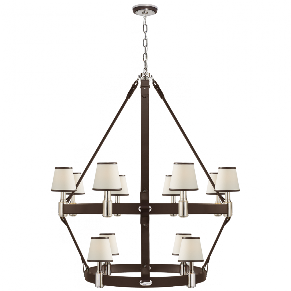 Ralph Lauren Riley Large Two Tier Chandelier Polished Nickel and Chocolate Leather