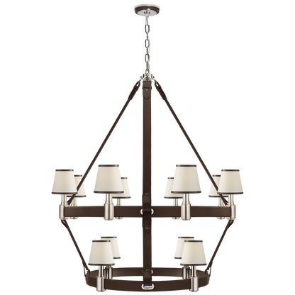 Ralph Lauren Riley Large Two Tier Chandelier Polished Nickel and Chocolate Leather