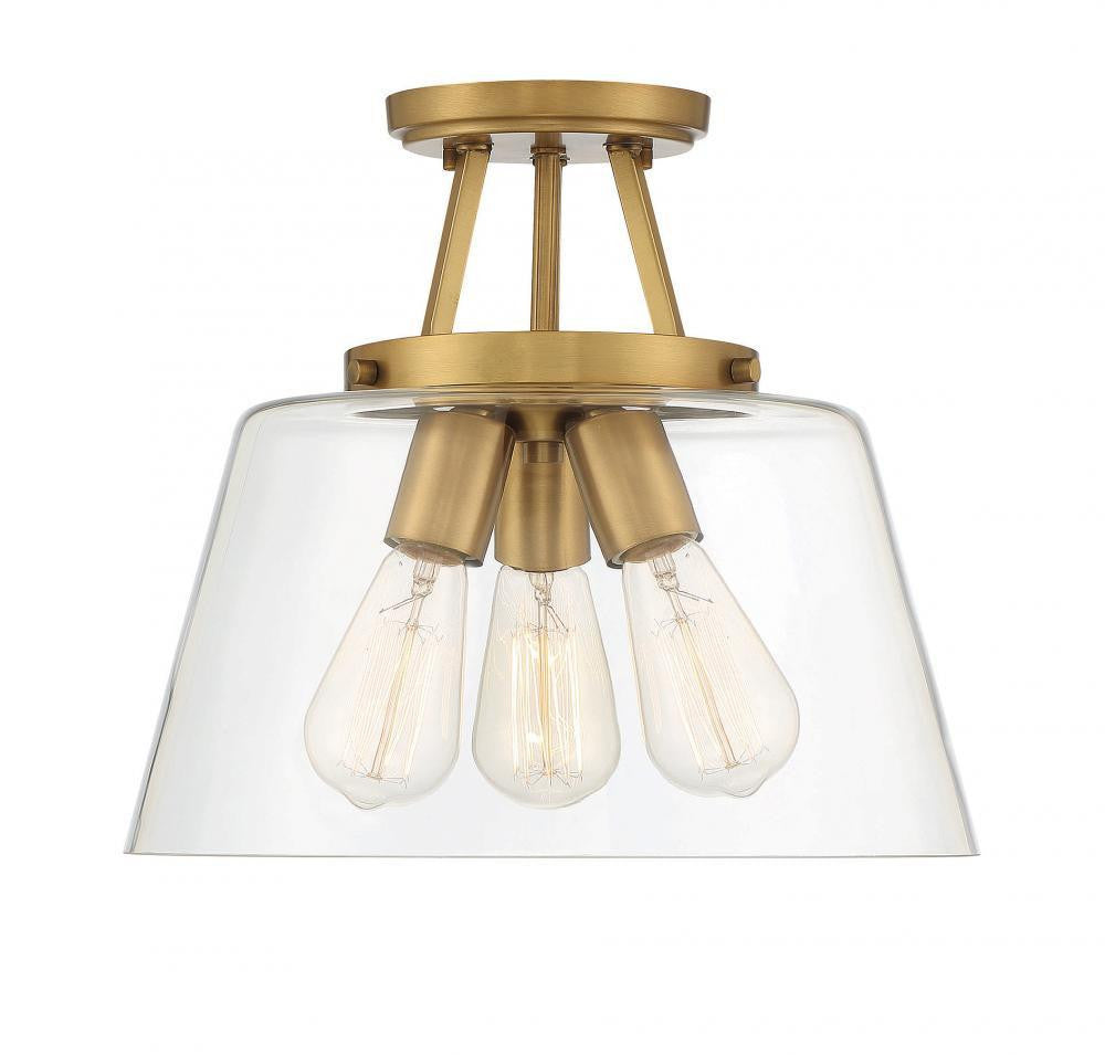 Savoy House Calhoun Semi Flush Mount, 3-Light, Warm Brass, Glass Shade, 13"W (6-1024-3-322 AHUZV)