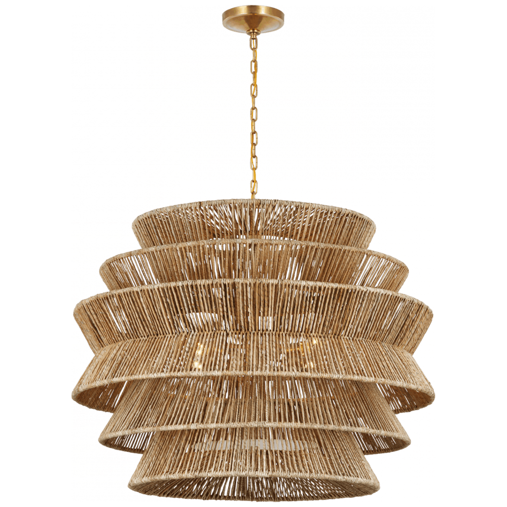 Visual Comfort Signature Antigua X-Large Drum Chandelier Antique-Burnished Brass and Natural Abaca