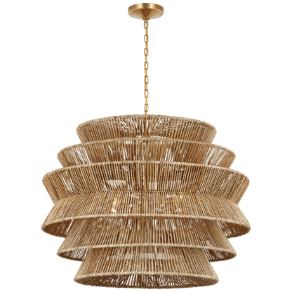 Visual Comfort Signature Antigua X-Large Drum Chandelier Antique-Burnished Brass and Natural Abaca
