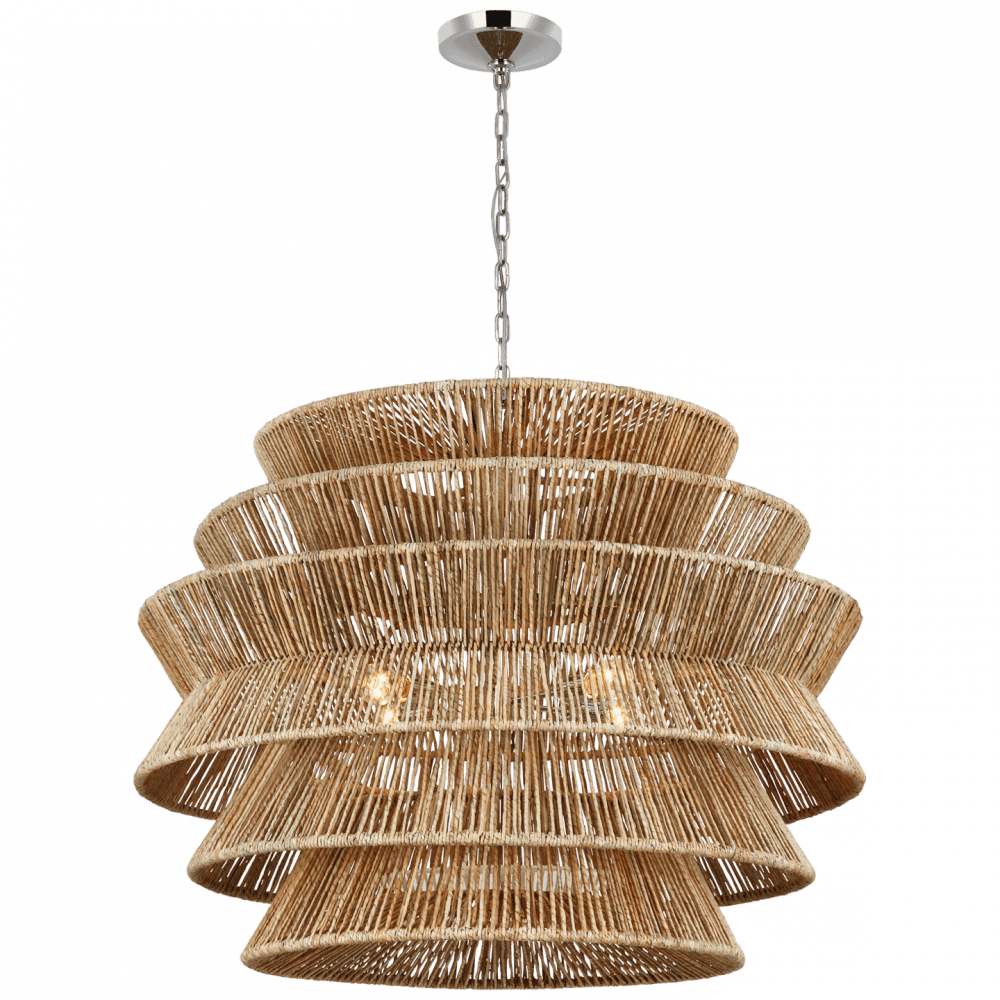 Visual Comfort & Co. Signature Collection Antigua X-Large Drum Chandelier, 4-Light, LED, Polished Nickel, Natural Abaca, 42"W (CHC 5017PN/NAB D02R4)