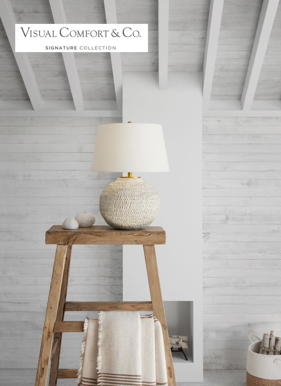 Visual Comfort & Co. Signature Collection Avedon Small Table Lamp, 1-Light, LED, Plaster White Rattan, Linen Shade, 21.5"H (MF 3000PWR-L D01TH)