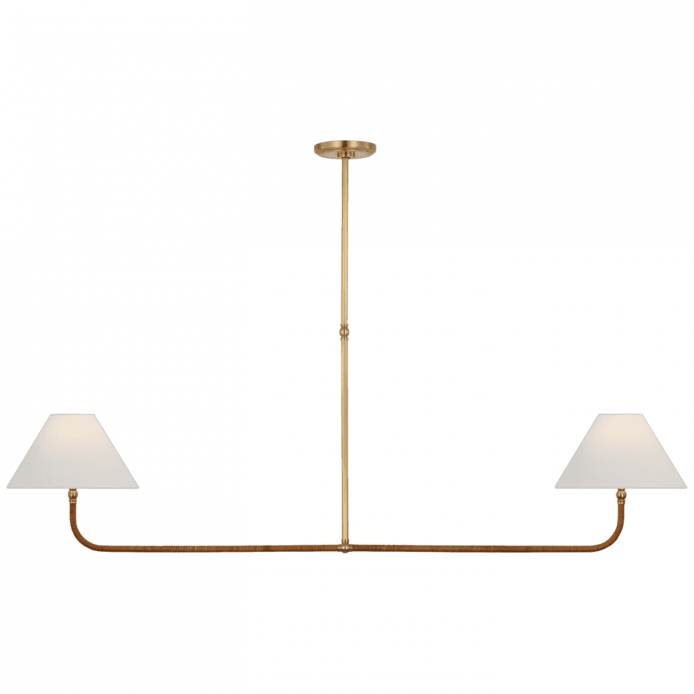 Visual Comfort Signature Basden Extra Large Linear Chandelier Antique-Burnished Brass and Natural Rattan