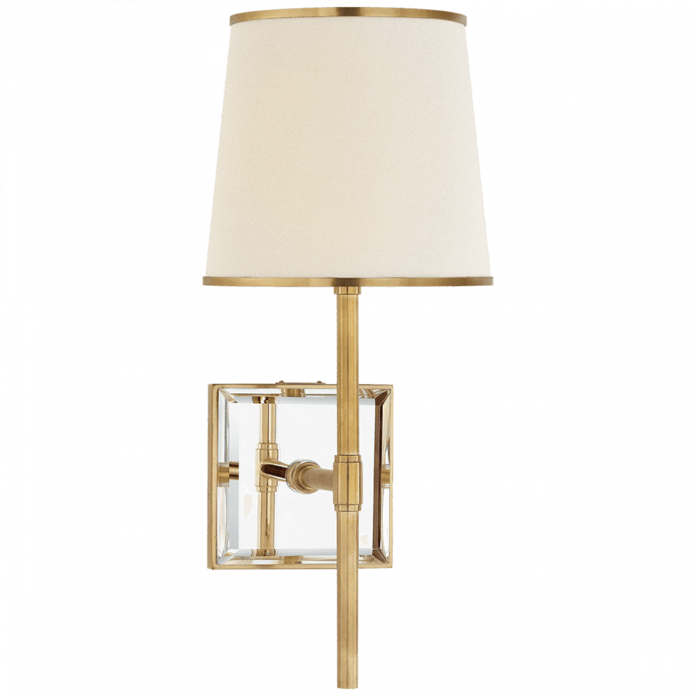 Visual Comfort & Co. Signature Collection Bradford Wall Sconce, 1-Light, Soft Brass, Mirror, Linen, Soft Brass Trim Shade, 14.5"H (KS 2120SB/MIR-L/SB CLR7W)