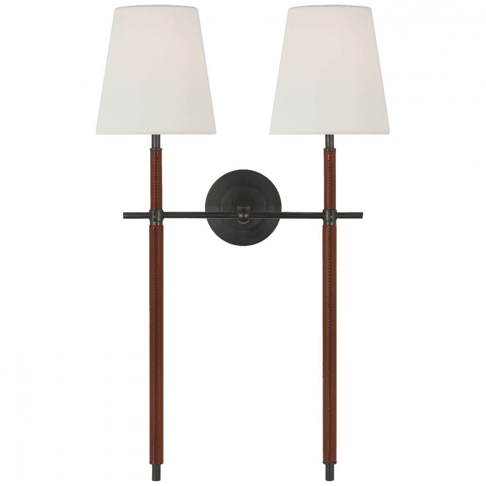 Visual Comfort Signature Bryant Large Wrapped Double Tail Sconce Bronze and Saddle Leather