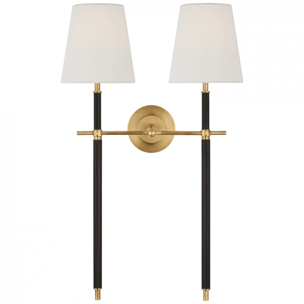 Visual Comfort Signature Bryant Large Wrapped Double Tail Sconce Hand-Rubbed Antique Brass and Chocolate Lea