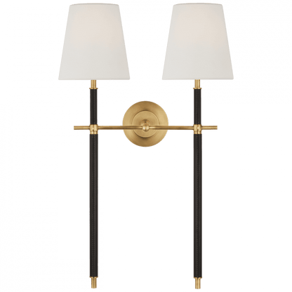 Visual Comfort Signature Bryant Large Wrapped Double Tail Sconce Hand-Rubbed Antique Brass and Chocolate Lea