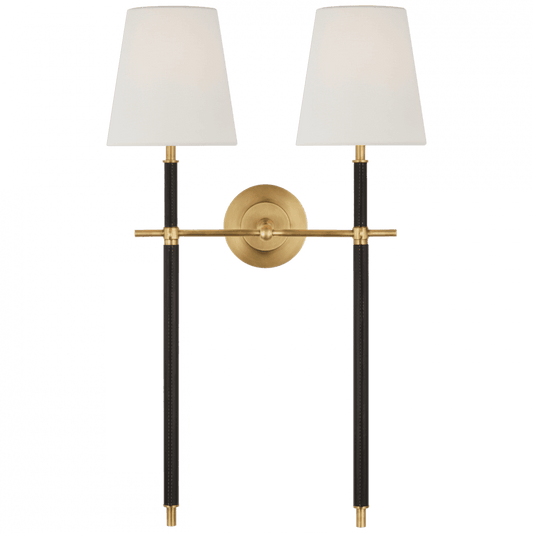 Visual Comfort Signature Bryant Large Wrapped Double Tail Sconce Hand-Rubbed Antique Brass and Chocolate Lea