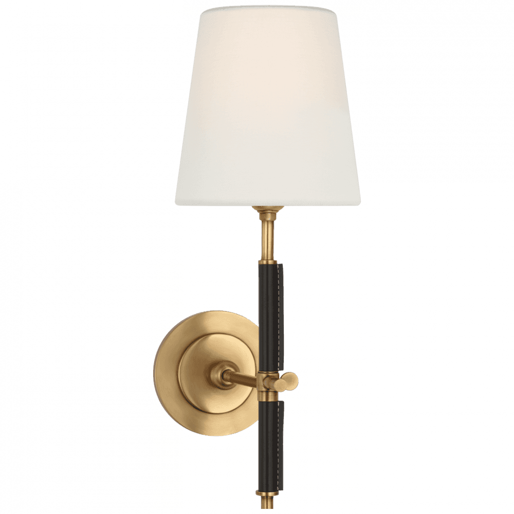 Visual Comfort Signature Bryant Wrapped Sconce Hand-Rubbed Antique Brass and Chocolate Lea