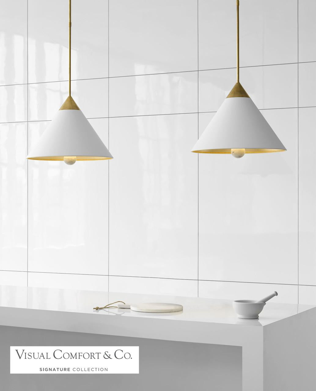 Visual Comfort & Co. Signature Collection Cleo Pendant, 3-Light, Antique-Burnished Brass, Antique White Shade, Over All Height 50.5" (KW 5509AB/AW-FA 2V6QT)