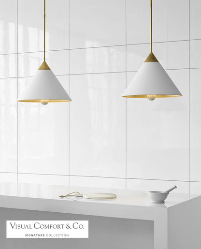 Visual Comfort & Co. Signature Collection Cleo Pendant, 3-Light, Antique-Burnished Brass, Antique White Shade, Over All Height 50.5" (KW 5509AB/AW-FA 2V6QT)