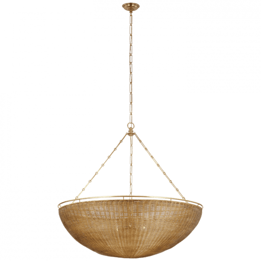 Visual Comfort Signature Clovis Grande Chandelier Antique-Burnished Brass and Natural Wicker