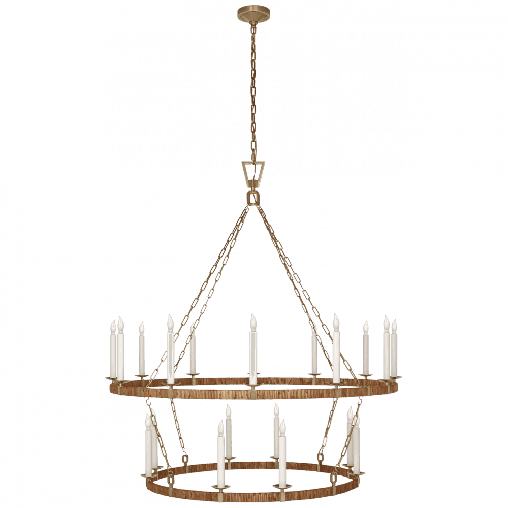 Visual Comfort Signature Darlana Extra Large Two Tier Chandelier Antique-Burnished Brass and Natural Rattan
