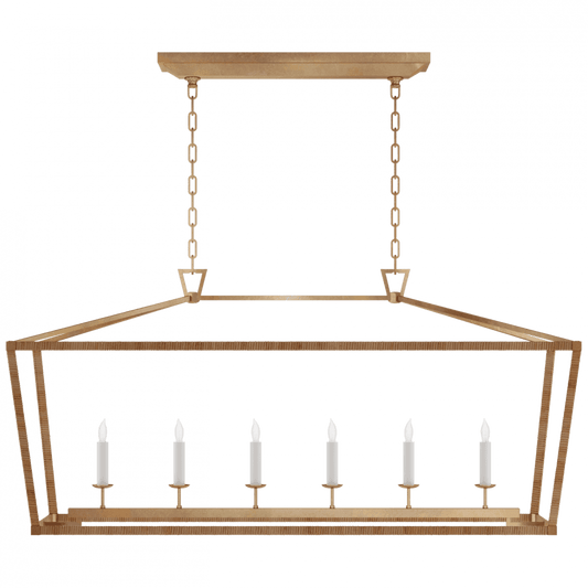 Visual Comfort Signature Darlana Large Rattan Wrapped Linear Lantern Antique-Burnished Brass and Natural Rattan