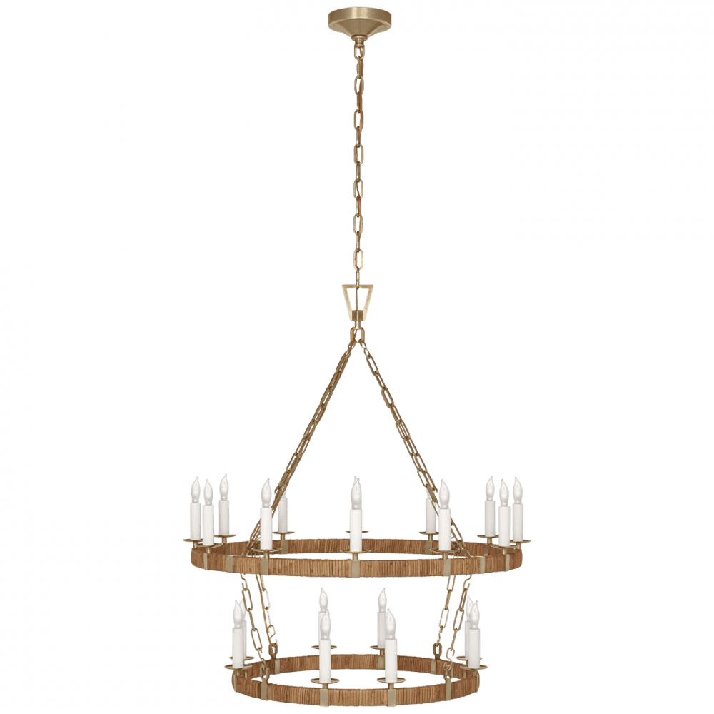 Visual Comfort Signature Darlana Medium Two Tier Chandelier Antique-Burnished Brass and Natural Rattan