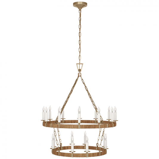 Visual Comfort Signature Darlana Medium Two Tier Chandelier Antique-Burnished Brass and Natural Rattan