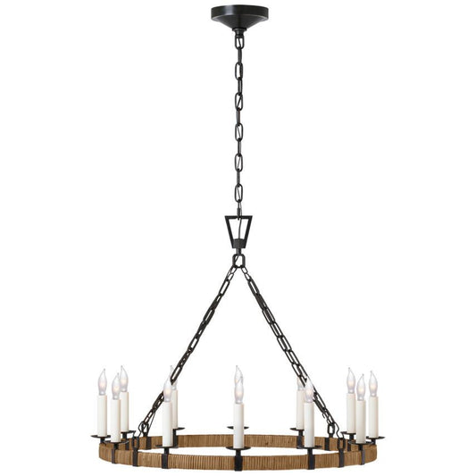 Visual Comfort Signature Darlana Medium Wrapped Ring Chandelier Aged Iron and Natural Rattan