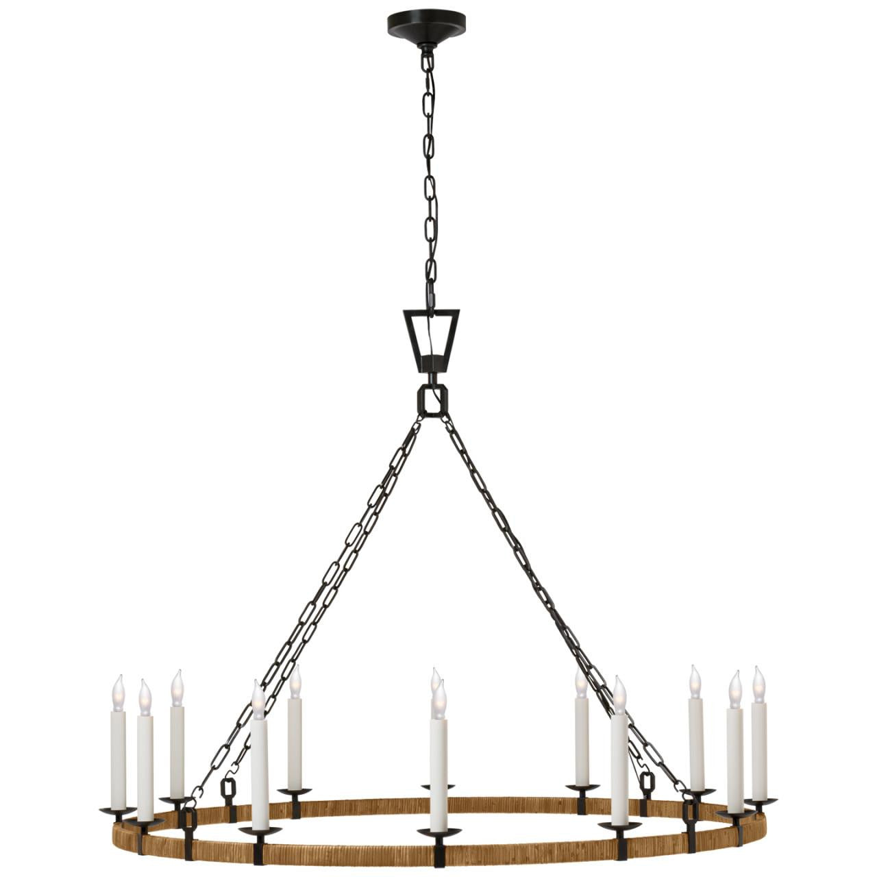 Visual Comfort Signature Darlana XL Wrapped Ring Chandelier Aged Iron and Natural Rattan