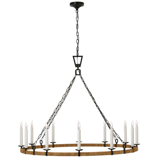 Visual Comfort Signature Darlana XL Wrapped Ring Chandelier Aged Iron and Natural Rattan