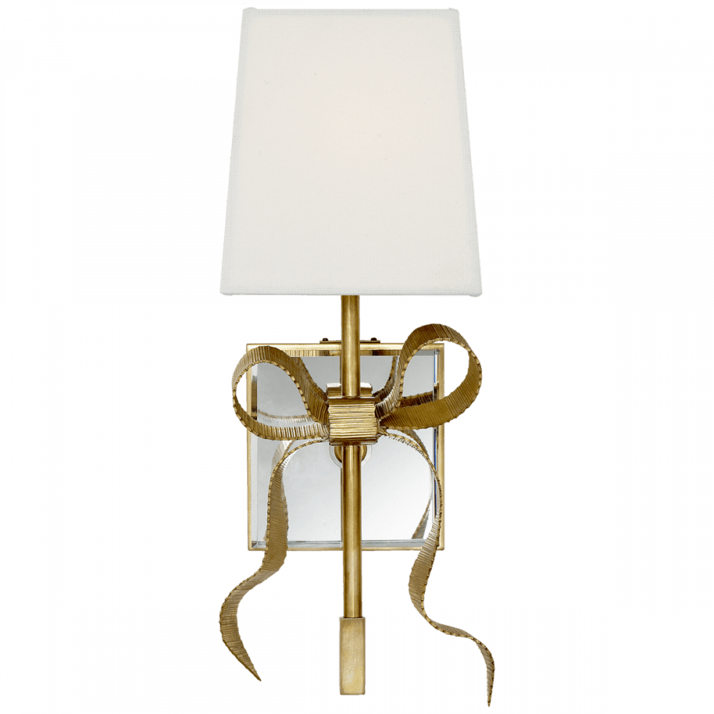 Visual Comfort & Co. Signature Collection Ellery Gros-Grain Bow Wall Sconce, 1-Light, Soft Brass, Cream Linen Square Shade, 13.5"H (KS 2008SB-L 2V2TP)