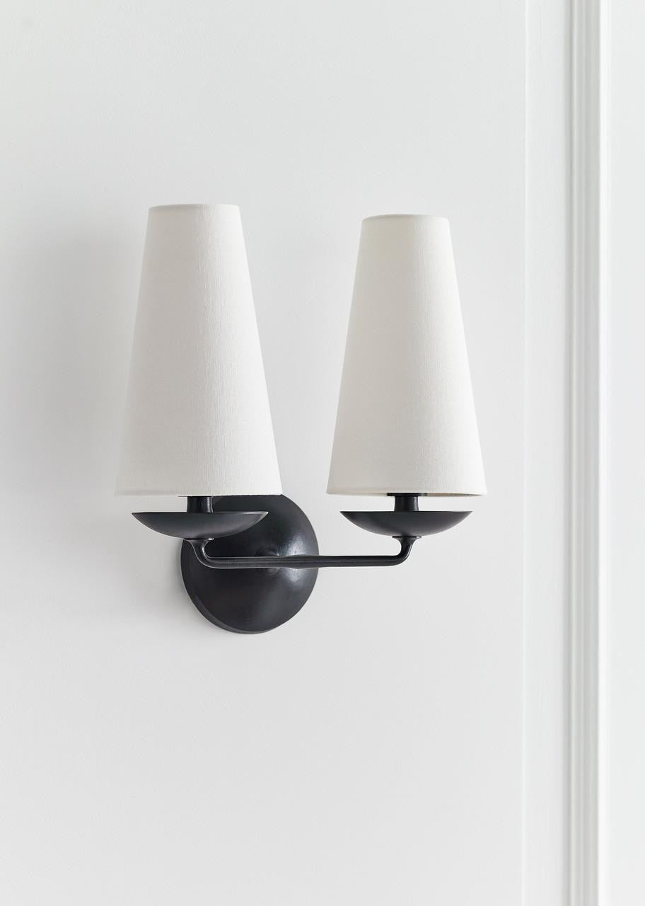 Visual Comfort & Co. Signature Collection Fontaine Double Wall Sconce, 2-Light, Aged Iron, Linen Shade, 14.25"H (ARN 2202AI-L 2V1VY)
