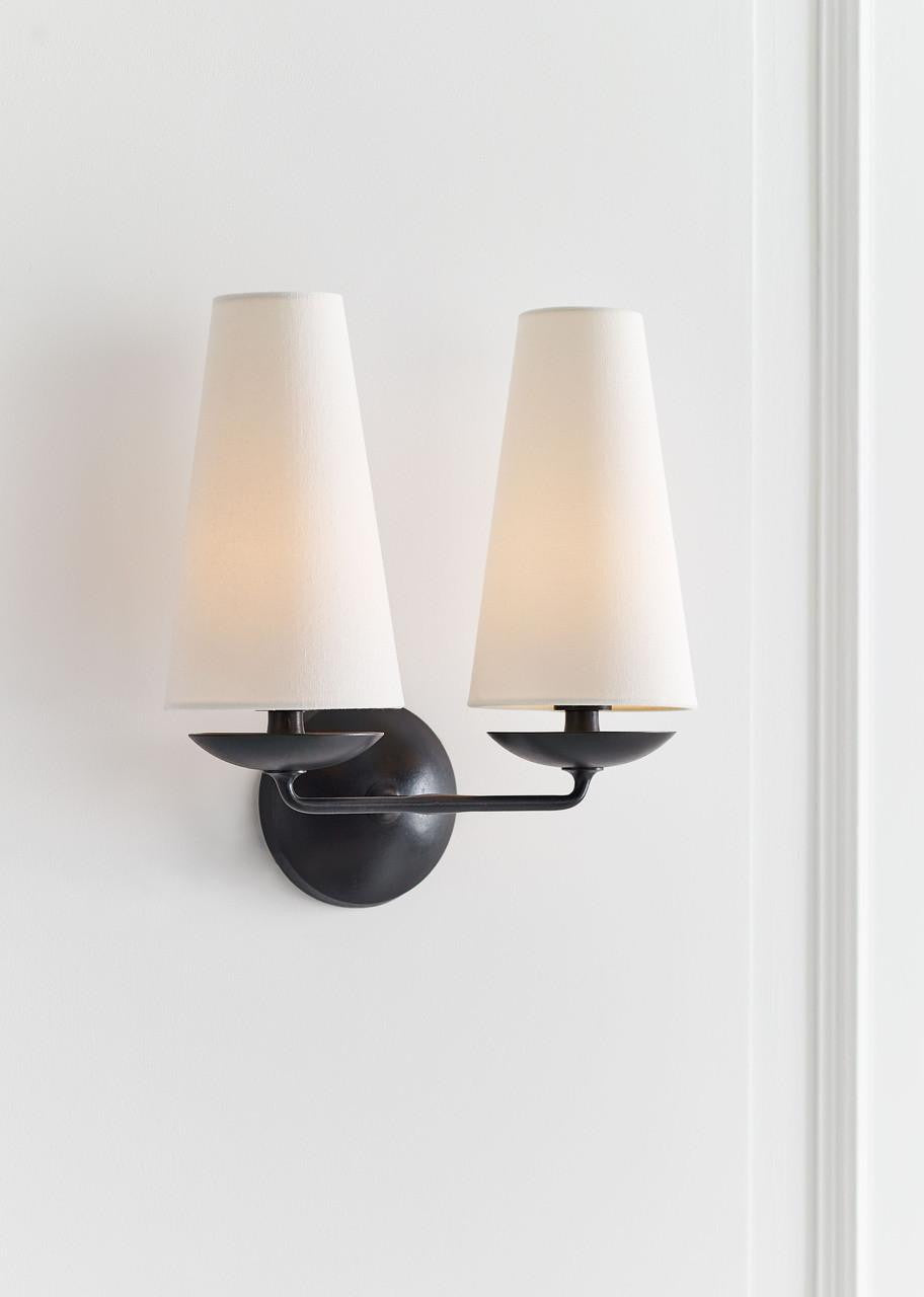 Visual Comfort & Co. Signature Collection Fontaine Double Wall Sconce, 2-Light, Aged Iron, Linen Shade, 14.25"H (ARN 2202AI-L 2V1VY)