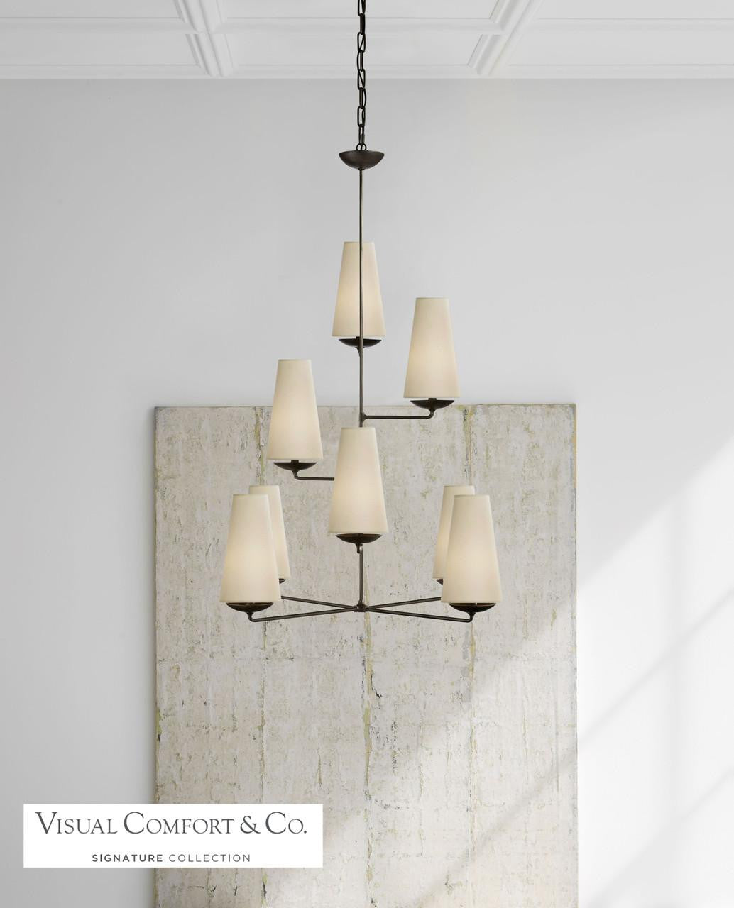 Visual Comfort & Co. Signature Collection Fontaine Vertical Chandelier, 8-Light, Aged Iron, Linen Shade, 34.25"W (ARN 5204AI-L 2N4ED)