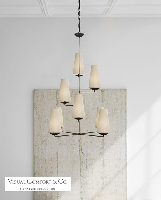 Visual Comfort & Co. Signature Collection Fontaine Vertical Chandelier, 8-Light, Aged Iron, Linen Shade, 34.25"W (ARN 5204AI-L 2N4ED)