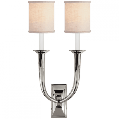 Visual Comfort & Co. Signature Collection French Deco Horn Double Wall Sconce, 2-Light, Polished Nickel, Linen Shade, 22"H (S 2021PN-L 2MZFD)