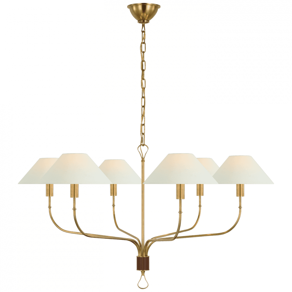 Visual Comfort Signature Griffin Extra Large Tail Chandelier Hand-Rubbed Antique Brass and Saddle Leathe