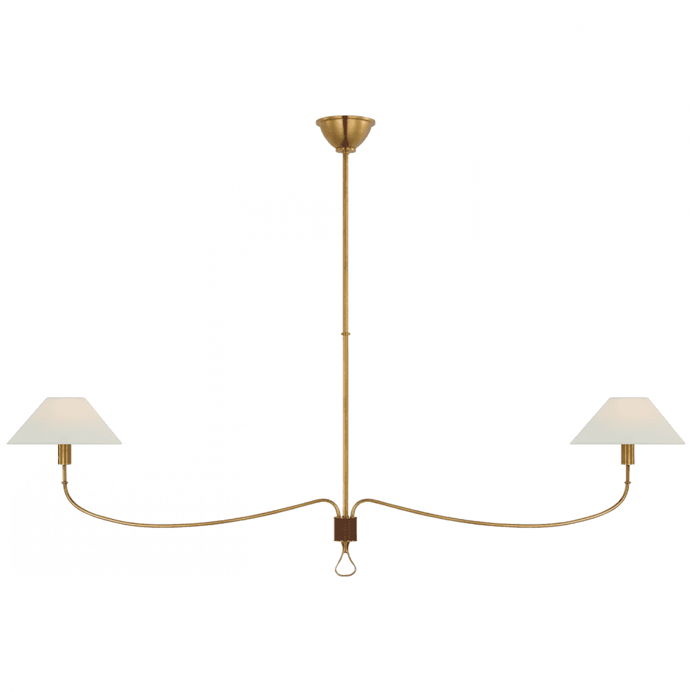 Visual Comfort Signature Griffin Grande Linear Chandelier Hand-Rubbed Antique Brass and Saddle Leathe