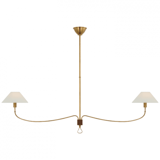 Visual Comfort Signature Griffin Grande Linear Chandelier Hand-Rubbed Antique Brass and Saddle Leathe