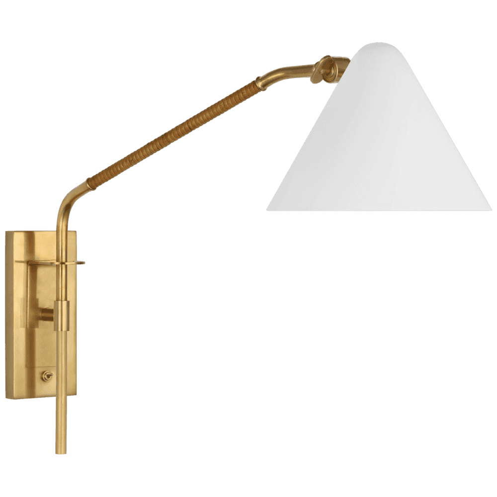 Visual Comfort Signature Laken Medium Articulating Wall Light Hand-Rubbed Antique Brass and Natural Ratta