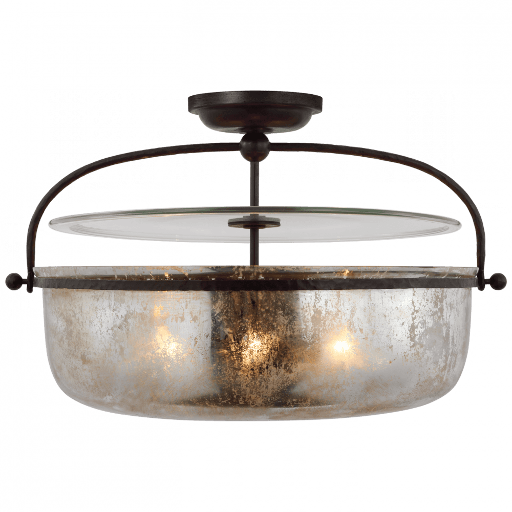 Visual Comfort & Co. Signature Collection Lorford Large Semi Flush Lantern - Aged Iron and Antique Mercury Glass