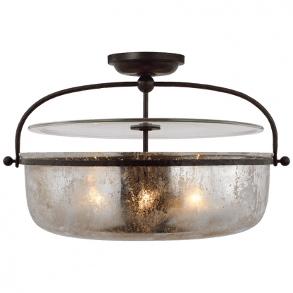 Visual Comfort & Co. Signature Collection Lorford Large Semi Flush Lantern - Aged Iron and Antique Mercury Glass