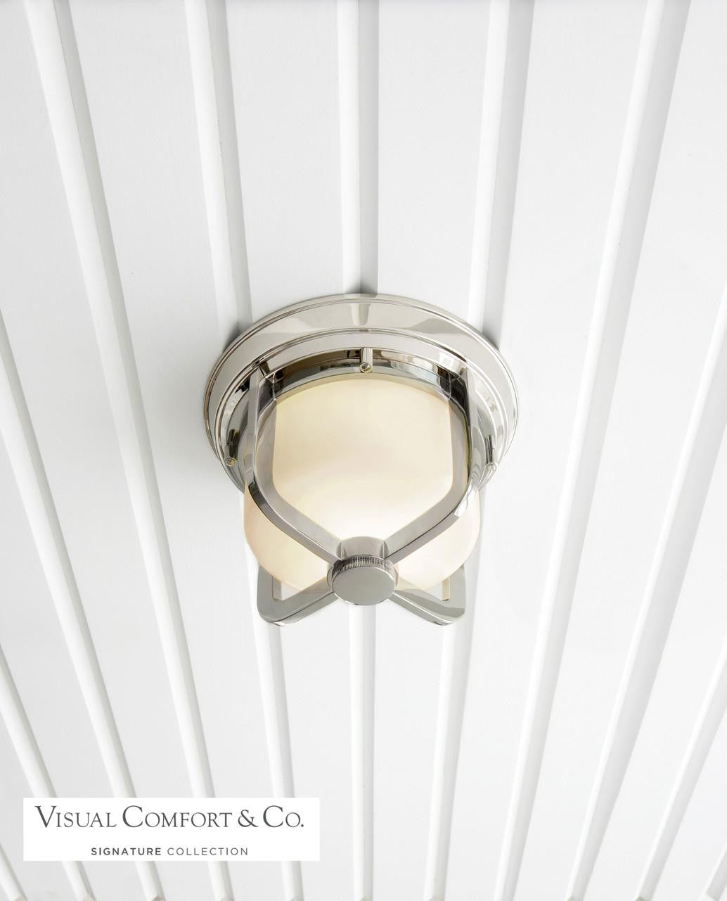 Visual Comfort & Co. Signature Collection Milton Short Outdoor Flush Mount, 1-Light, Polished Nickel, White Glass, 9.5"W (TOB 4011PN-WG 2CZD7)