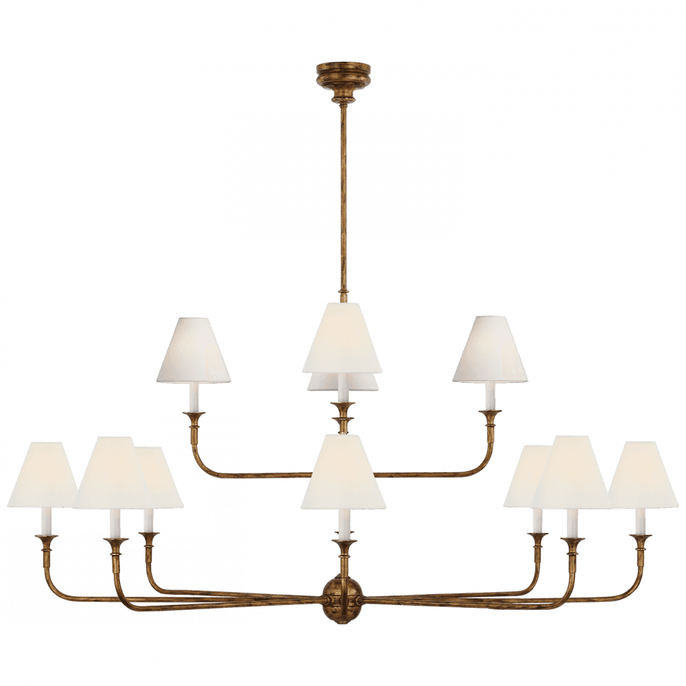 Visual Comfort & Co. Signature Collection Piaf Grande Two-Tier Chandelier, 12-Light, LED, Antique Gild, Linen Shade, 58"W (TOB 5453AG-L D01TR)