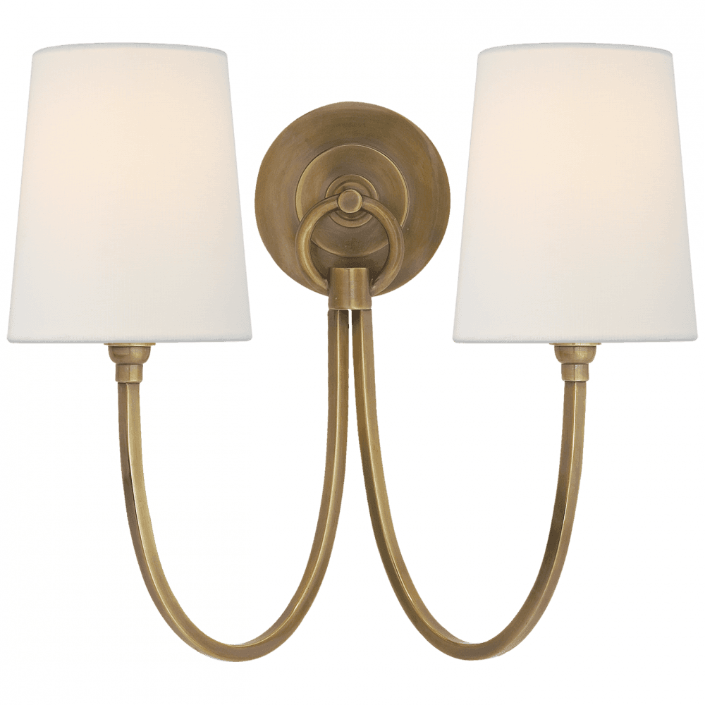 Visual Comfort & Co. Signature Collection Reed Double Sconce, 2-Light, Hand-Rubbed Antique Brass, Linen Shade, 13"H (TOB 2126HAB-L D31JP)
