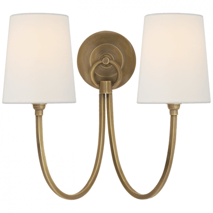 Visual Comfort & Co. Signature Collection Reed Double Sconce, 2-Light, Hand-Rubbed Antique Brass, Linen Shade, 13"H (TOB 2126HAB-L D31JP)