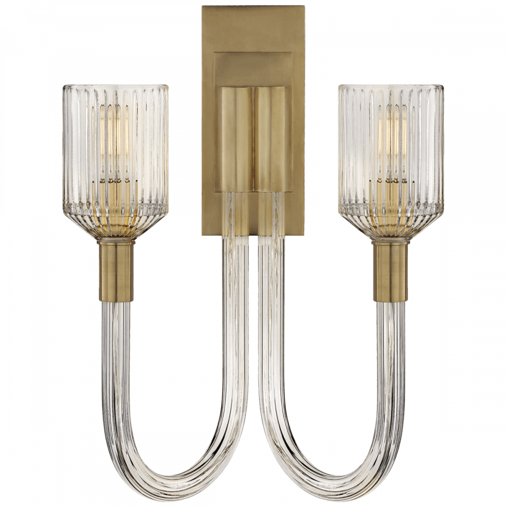 Visual Comfort Signature Reverie Double Wall Sconce Clear Ribbed Glass and Brass