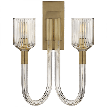 Visual Comfort Signature Reverie Double Wall Sconce Clear Ribbed Glass and Brass