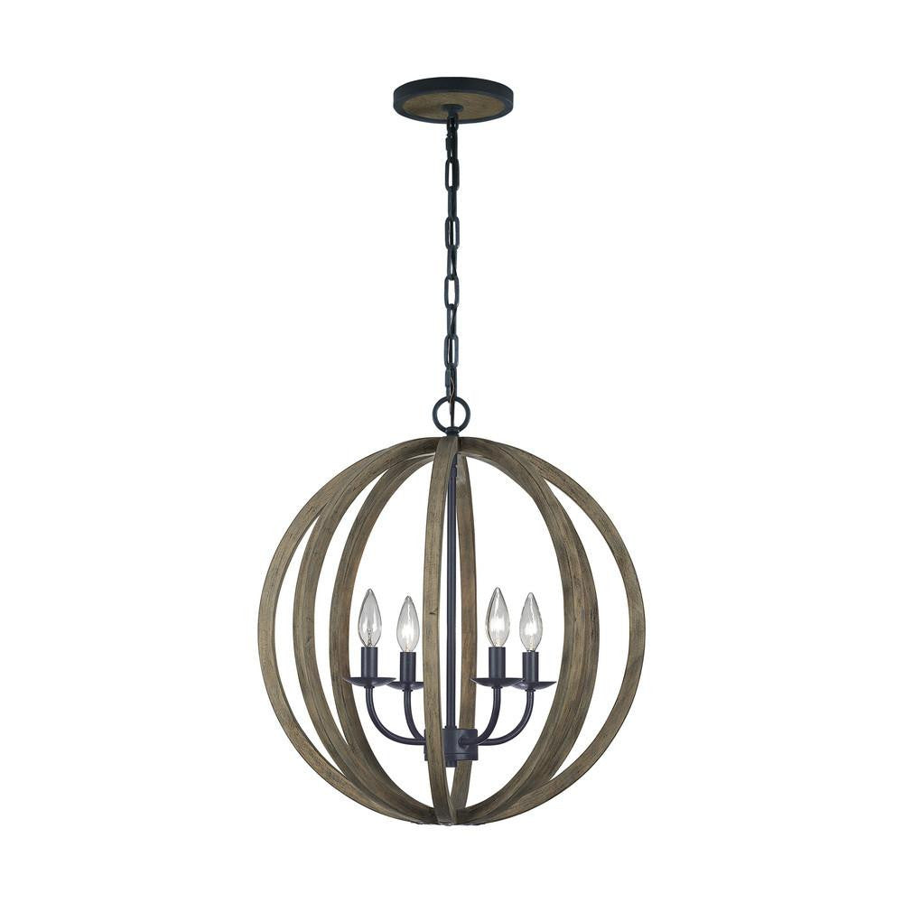 Visual Comfort Studio Allier 4 Light Small Pendant Weathered Oak Wood / Antique Forged Iron