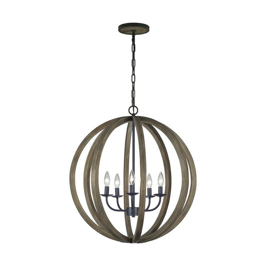 Visual Comfort Studio Allier 5 Light Medium Pendant Weathered Oak Wood / Antique Forged Iron