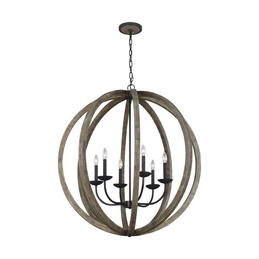 Visual Comfort Studio Allier 6 Light Large Pendant Weathered Oak Wood / Antique Forged Iron