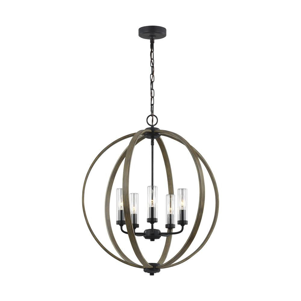 Visual Comfort Studio Allier 5 Light Outdoor Chandelier Weathered Oak Wood / Antique Forged Iron