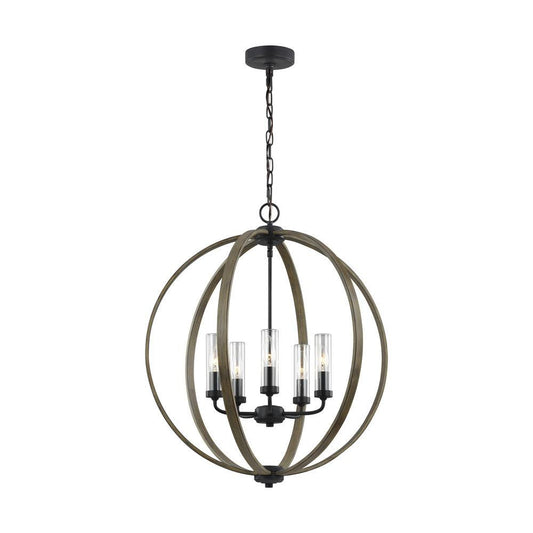 Visual Comfort Studio Allier 5 Light Outdoor Chandelier Weathered Oak Wood / Antique Forged Iron