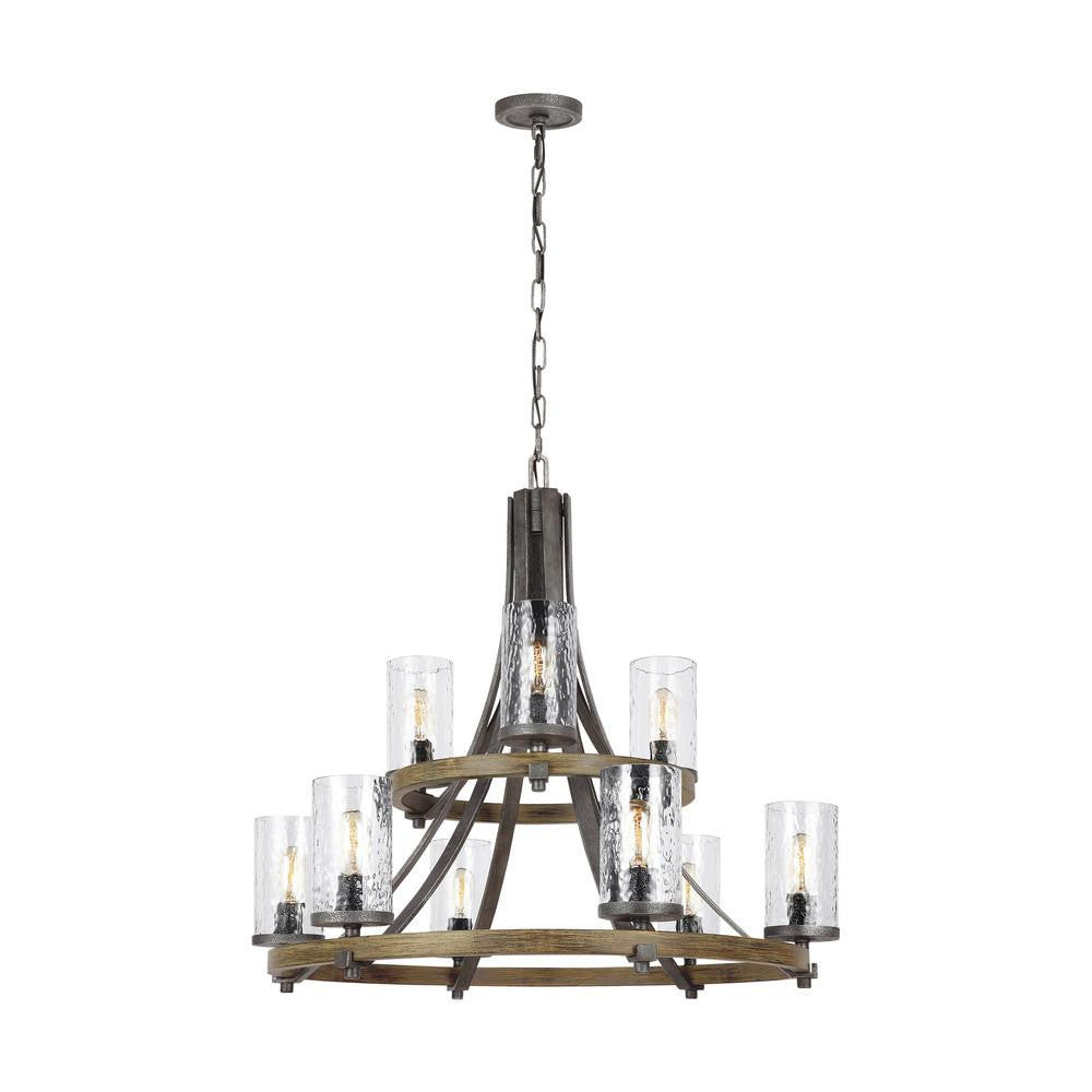 Visual Comfort Studio Angelo 9 Light Two-Tier Chandelier Distressed Weathered Oak / Slate Grey Metal