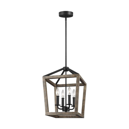 Visual Comfort Studio Gannet 4 Light Small Chandelier Weathered Oak Wood / Antique Forged Iron